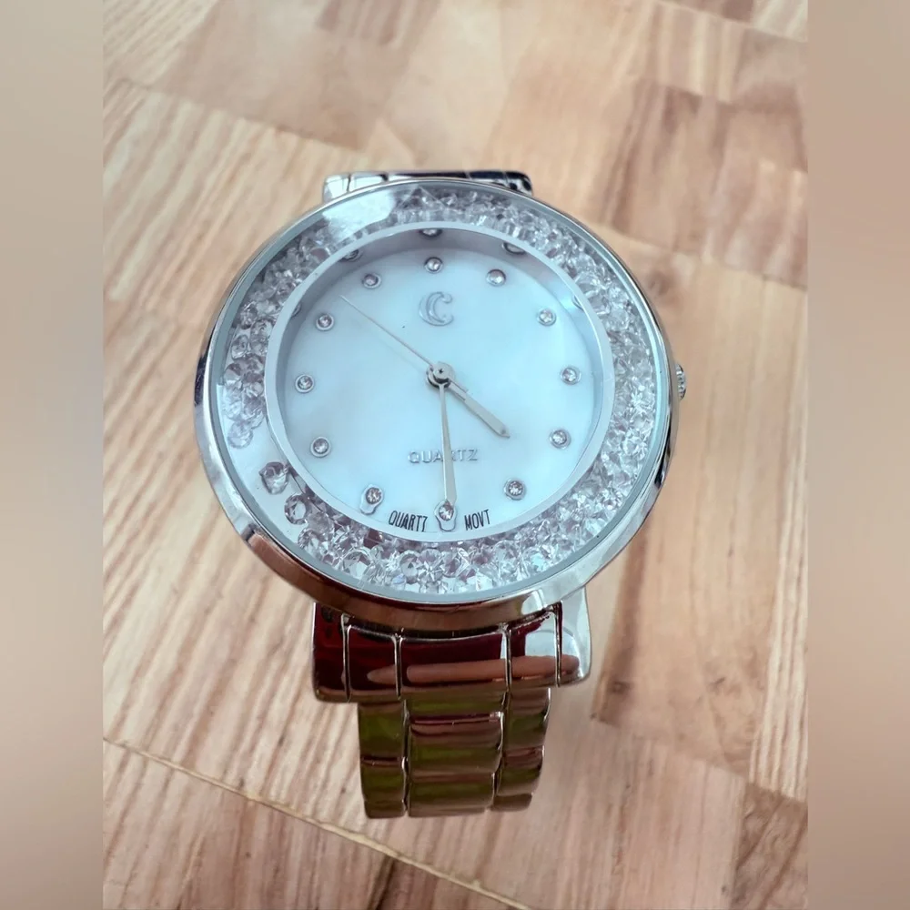 Charming Charlie silver tone floating crystals cuff bracelet watch NEW BATTERY